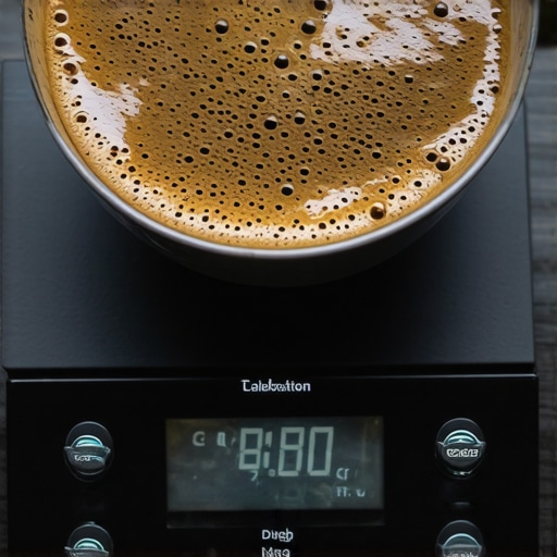 Close-up of a professional-grade coffee scale showing calibration and stability features on a barista's workspace