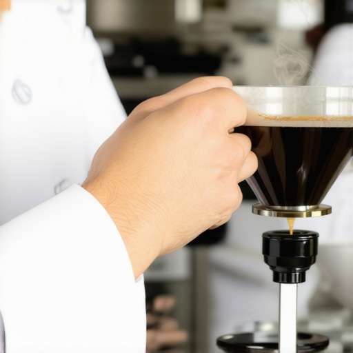 Barista calibrating coffee scale with certified weight in coffee shop.