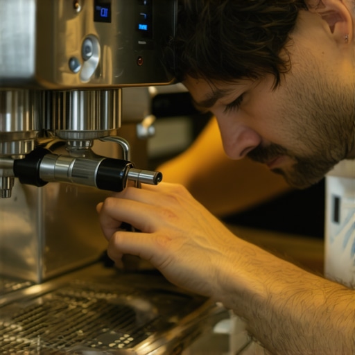 Barista calibrating espresso machine with digital scale and tools for perfect extraction.