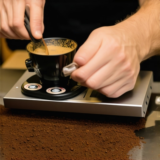 Precision in Tamping and Measurement Barista weighing coffee grounds with a digital scale during tamping process