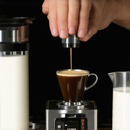 Barista tamping espresso shot with scale and milk pitcher