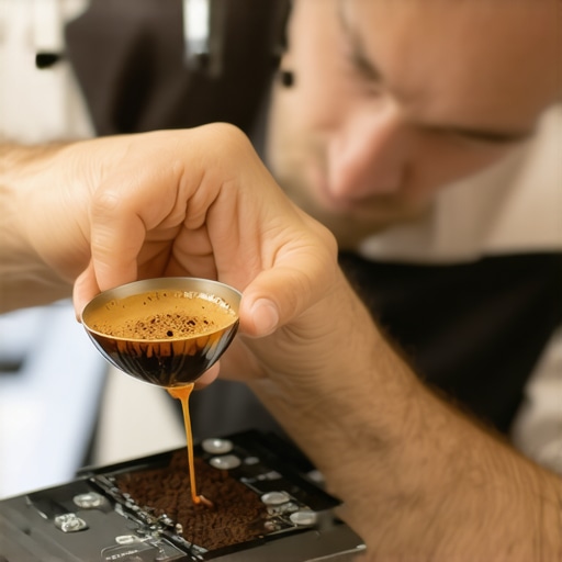 Barista calibrating a coffee scale with weights in a sleek espresso bar.