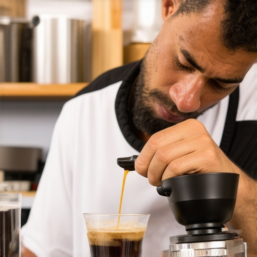 Barista calibrating espresso scale with weights in a coffee shop setting