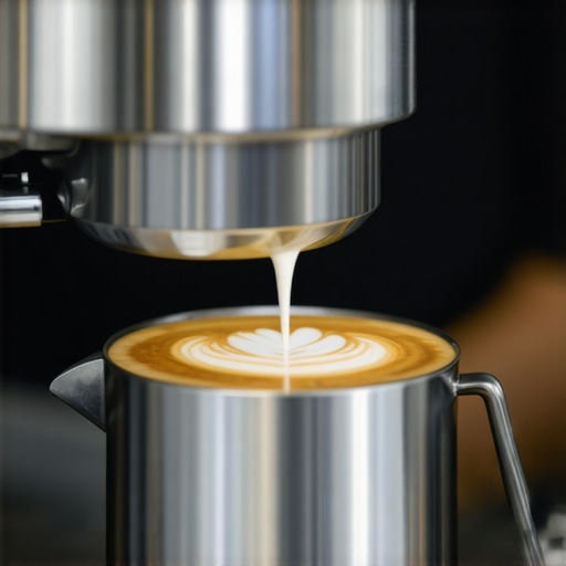 Barista pouring latte art with a stainless steel pitcher, detailed focus on the spout and microfoam.
