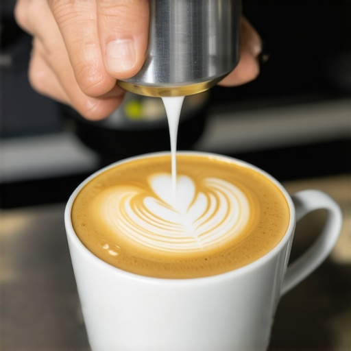 Professional barista pouring microfoam milk for latte art