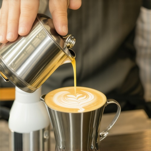 Close-up of a barista pouring latte art with a high-quality milk pitcher and a knock box