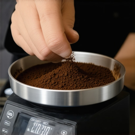 Barista calibrating a digital coffee scale with coffee grounds for espresso
