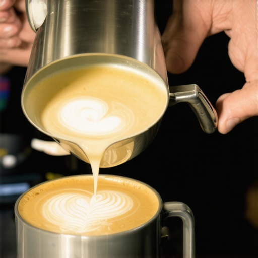 Latte Art Pouring with Quality Tools Barista pouring latte art using a professional milk pitcher and tamper for precision.