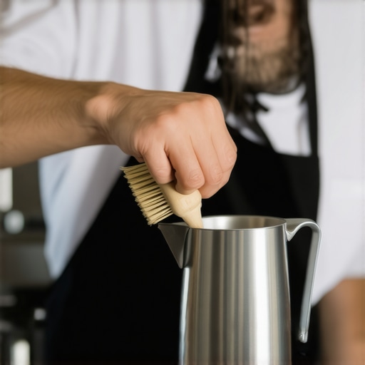 A barista cleaning a milk pitcher with a brush, showcasing tool maintenance.