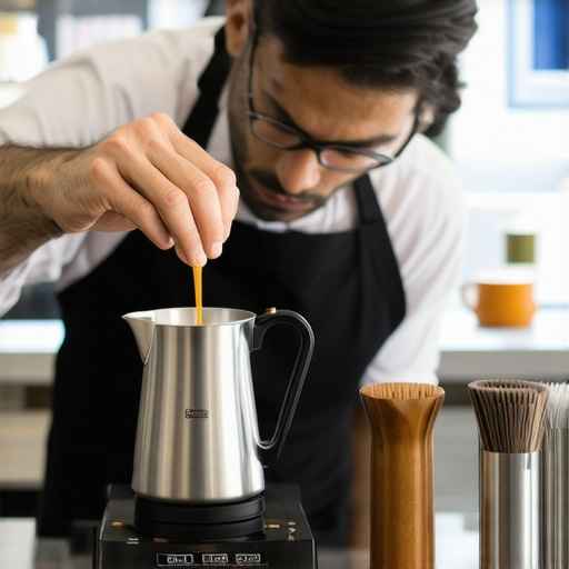 A barista cleaning a milk pitcher and calibrating a coffee scale for consistent espresso brewing.