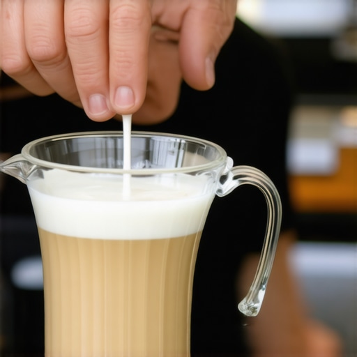 Barista carefully pouring milk into espresso with a quality pitcher for latte art
