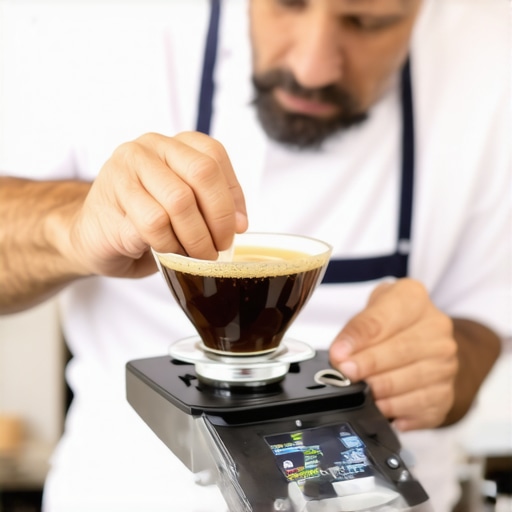 Barista measuring coffee grounds on a digital scale for perfect espresso