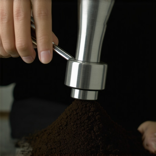 Proper Tamper Technique A hand pressing down evenly on ground coffee using a tamper to ensure uniform tamping for espresso