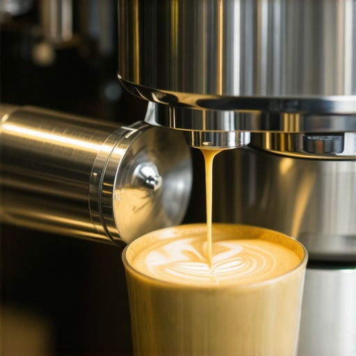Barista's precise pour with quality tools Close-up of latte art being poured with a stainless steel milk pitcher and tamped espresso shot.