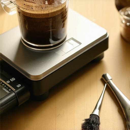 Barista cleaning and calibrating a coffee scale with weights and brushes