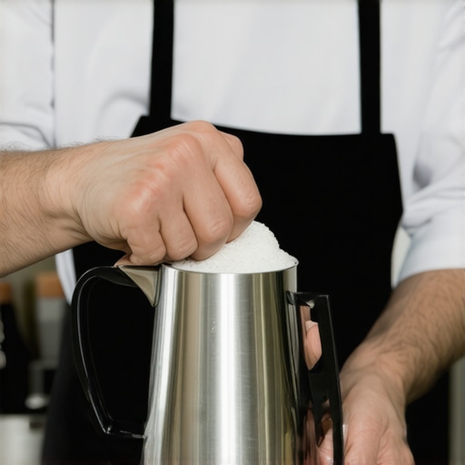 A barista cleaning a milk pitcher in a coffee shop