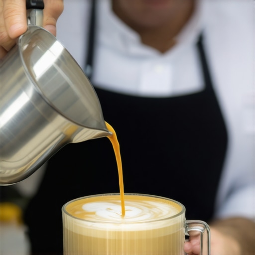 Barista pouring intricate latte art with a precise milk pitcher.