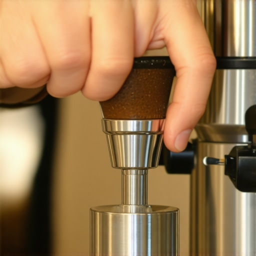 Close-up image of a barista tamping coffee evenly in a portafilter to ensure consistency.