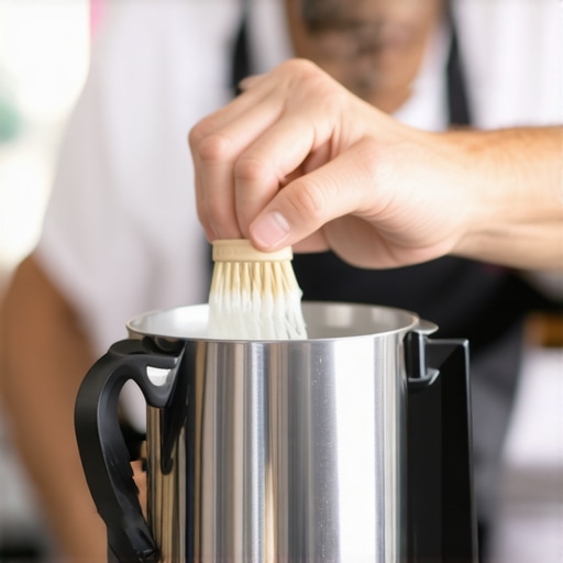 Barista meticulously cleaning a milk pitcher with a brush for optimal latte art quality