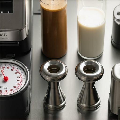 Photo of professional barista tools arranged on a coffee station showing a scale, milk pitcher, tamper, and knock box
