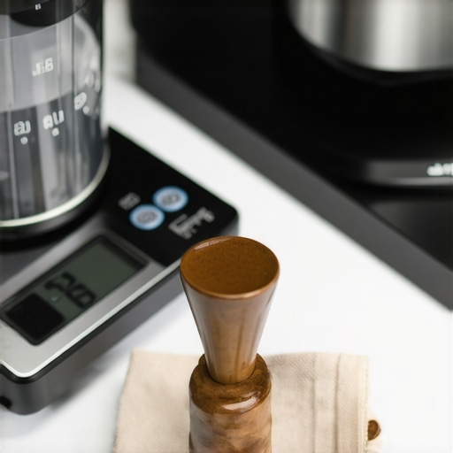 Barista tools for maintenance and calibration Calibrated coffee tamper and digital scale being used for precise espresso measurement