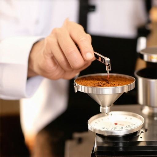 A barista calibrating a coffee scale using a calibration weight to ensure measurement accuracy.