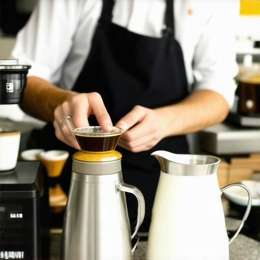 A barista arranging coffee accessories on a professional espresso counter.