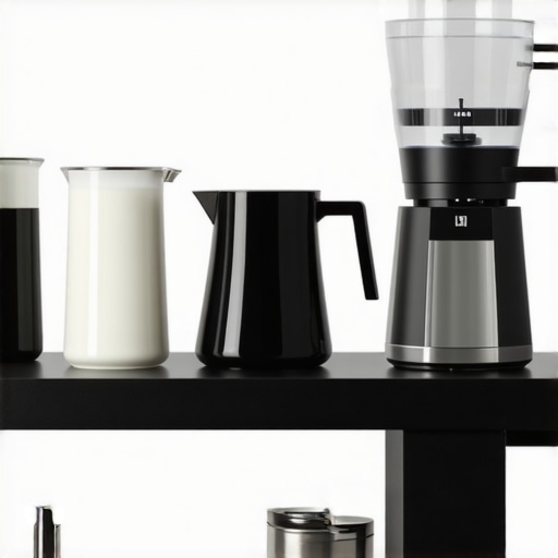 A clean and organized coffee station featuring a calibrated scale, milk pitcher, tamper, and knock box ready for use.