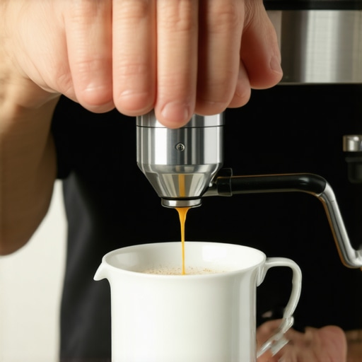 A barista tamping espresso with a calibrated tamper and pouring milk into a clean pitcher