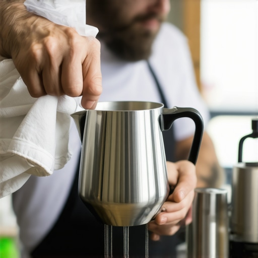 Barista cleaning a milk pitcher to ensure hygiene and performance.