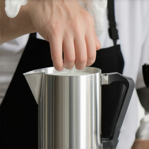 Proper milk pitcher maintenance process A barista wiping a stainless steel milk pitcher to maintain its shine and cleanliness
