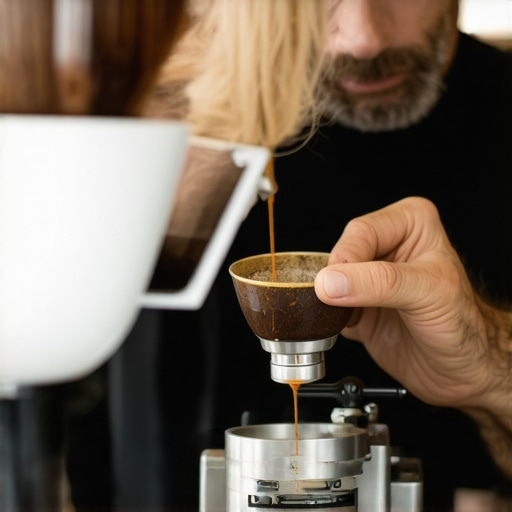 A barista carefully calibrating coffee scales using certified weights to ensure measurement accuracy.