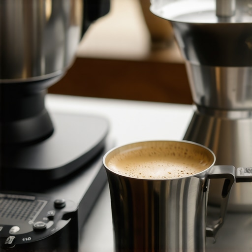 Close-up of precision coffee scale, milk pitcher, and tamper on a barista workspace.