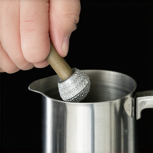 A close-up view of a hand carefully filing the spout of a stainless steel milk pitcher to improve pour accuracy.