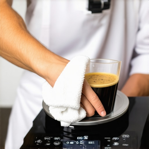 Barista cleaning a coffee scale with a microfiber cloth to ensure accuracy and longevity.
