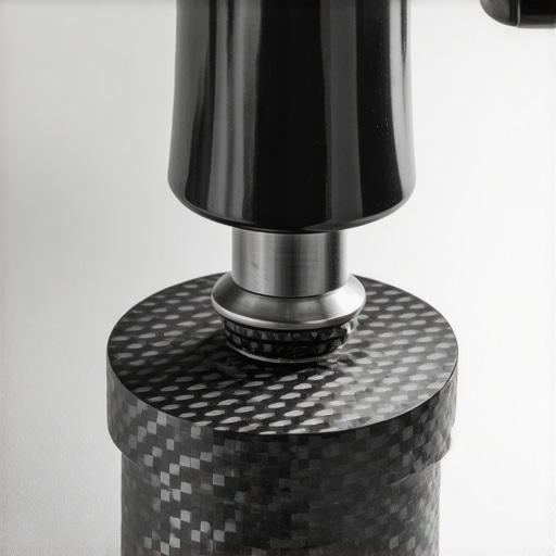 A barista pressing down with a carbon fiber tamper on coffee grounds in a portafilter, demonstrating proper tamping technique.
