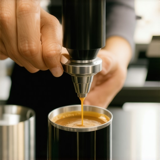 A barista cleaning a coffee tamper with an ultrasonic device to ensure optimal performance.