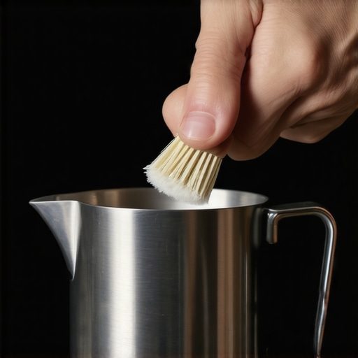 A barista cleaning a stainless steel milk pitcher, showcasing proper maintenance techniques.