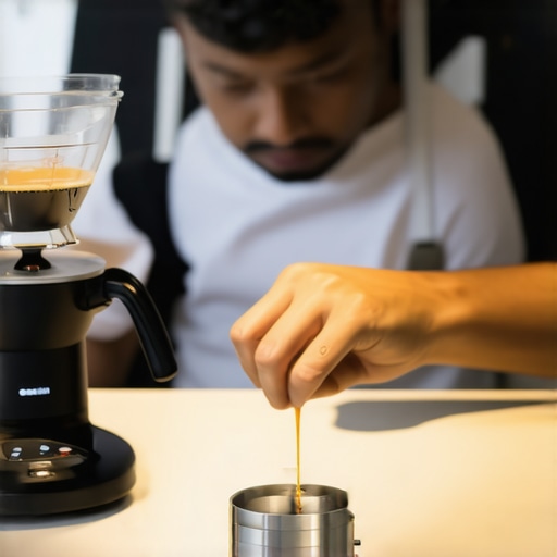 A barista moving smart lighting away from a coffee scale to reduce electromagnetic interference.